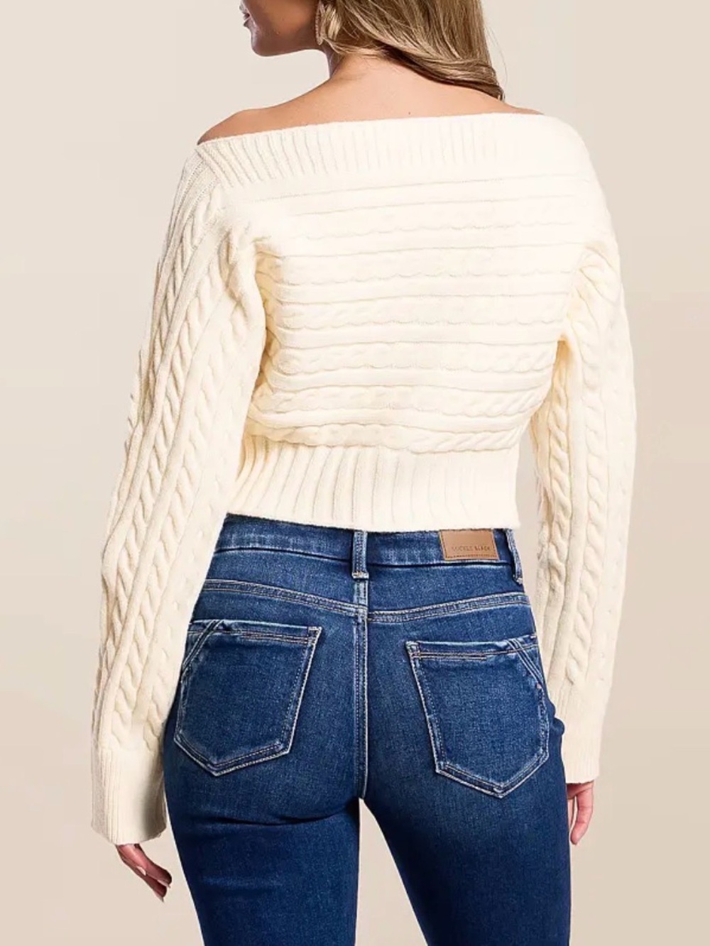 Le Lis Cream Off-the-Shoulder Cropped Cable Knit Sweater - Picture 2 of 8